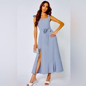 Love of Romance French Blue Tie Straps Ruffled Midi Dress